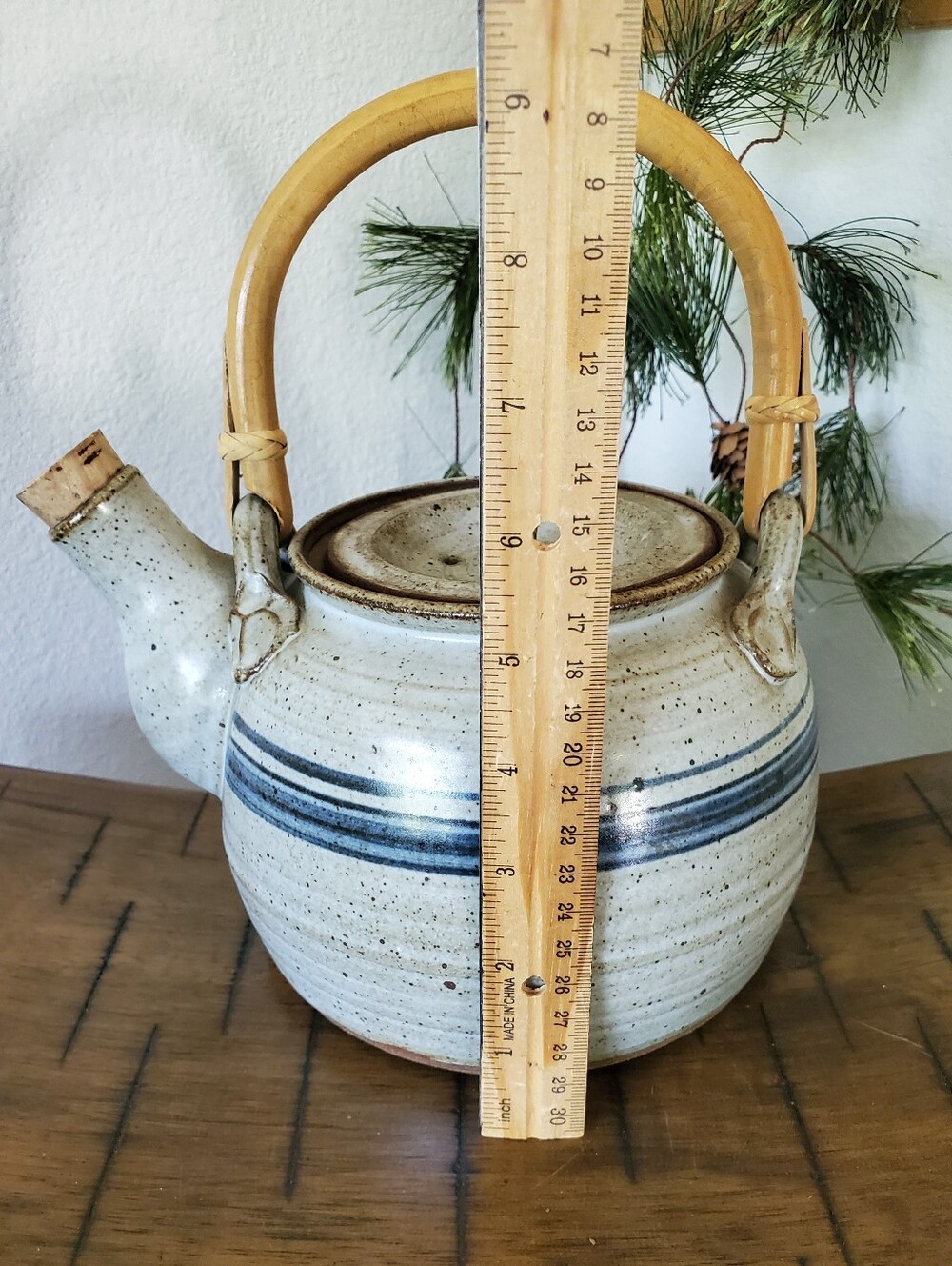 Vintage 1970s Speckled Stoneware Teapot with Rattan Handle Studio Pottery - Picture 3 of 16